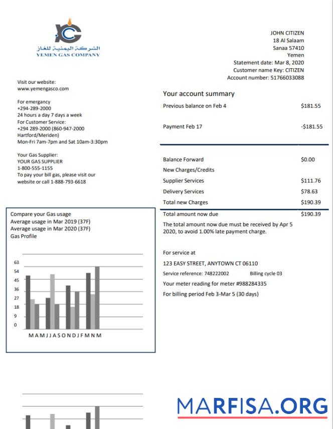 Printable Yemen Gas Company utility bill template in Word and PDF format